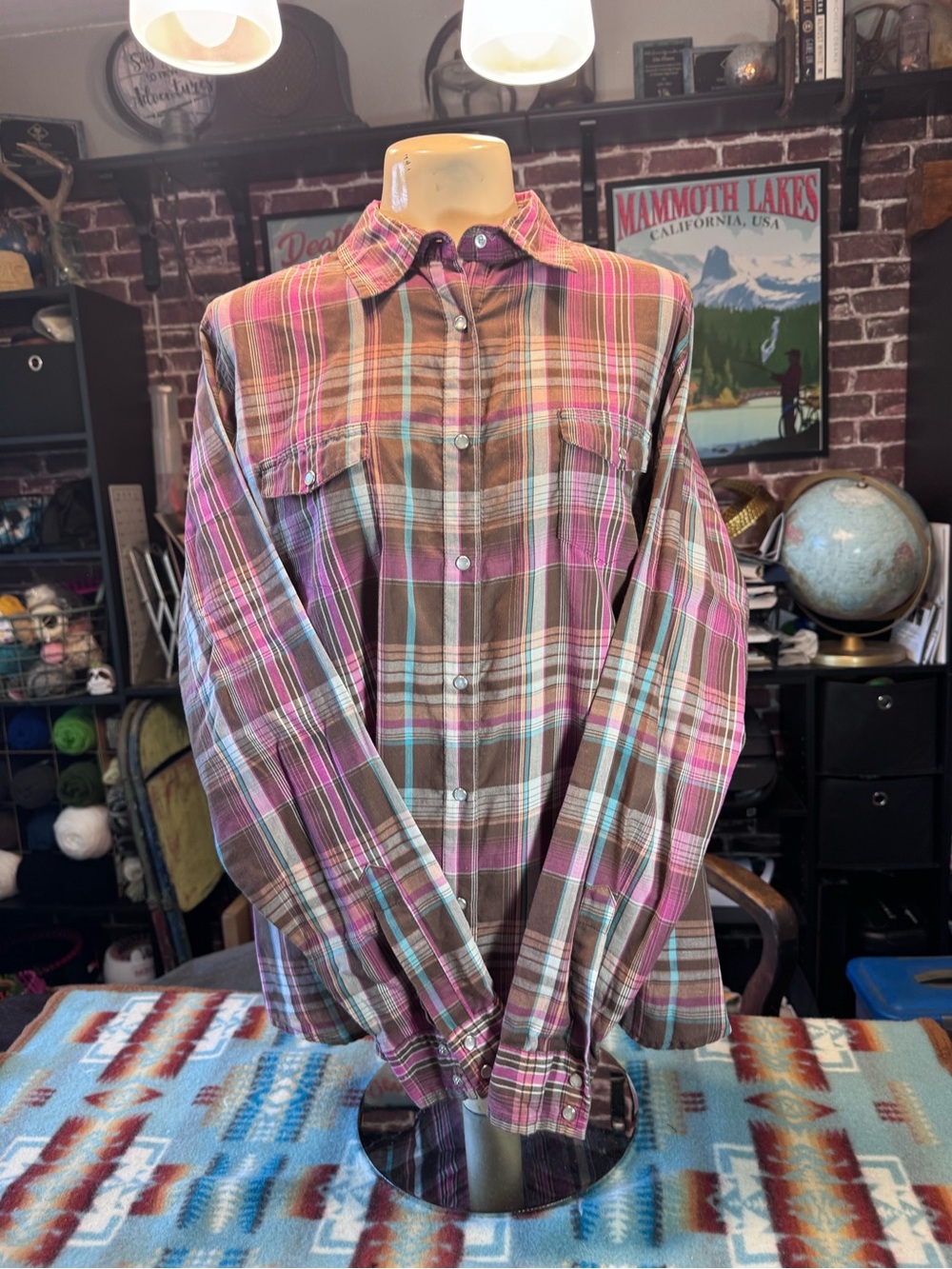 Women's Plaid Button-Up Shirt in Brown & Pink - Casual Long Sleeve